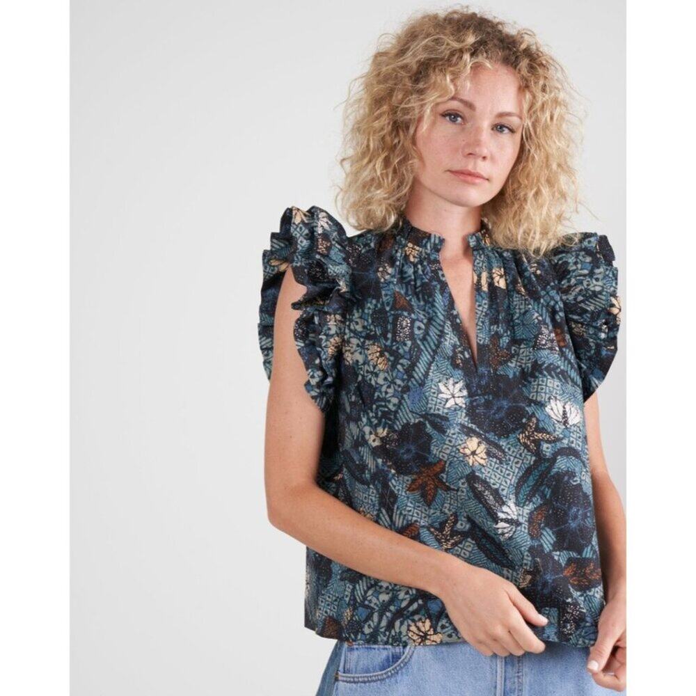 Ulla Johnson Elena Top Rainforest Rain Ruffled Sleeves Split Neck Cotton Size 0